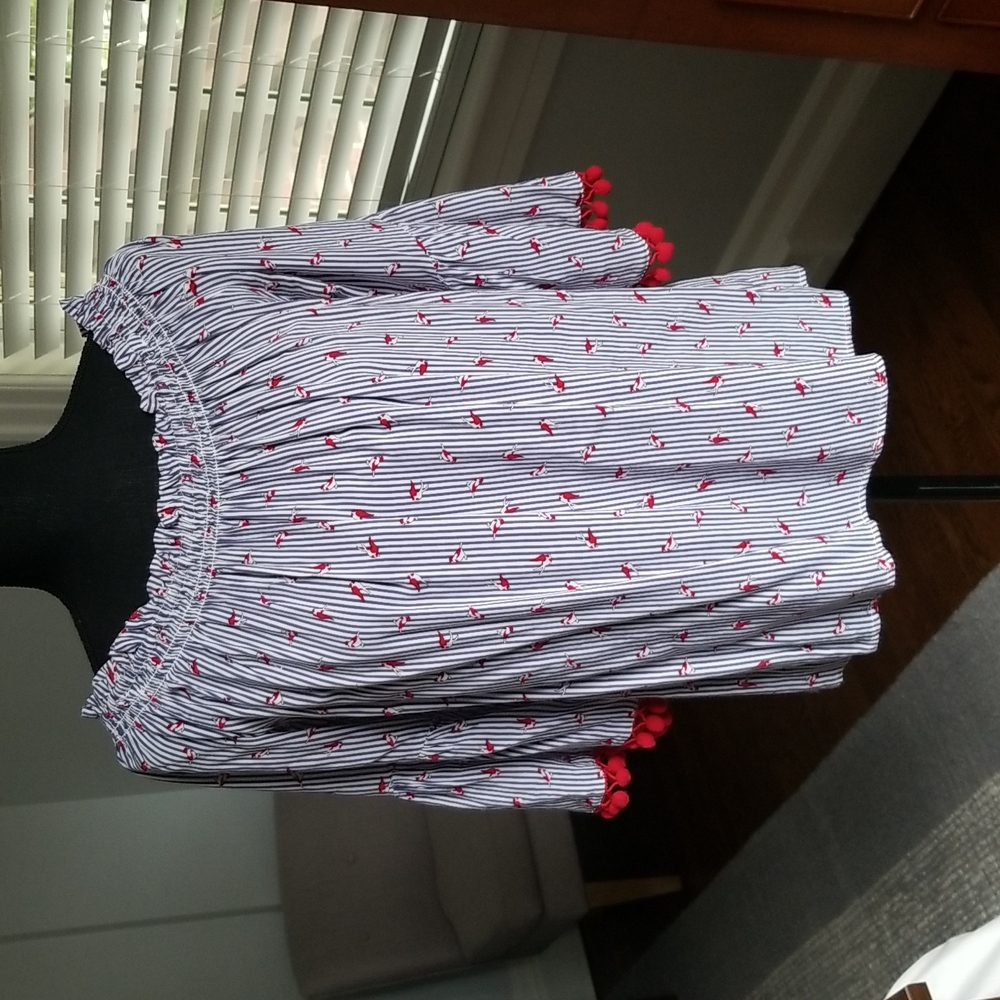 Blue and White Striped Blouse with Red Pom Pom details